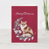 Kerstrode Waterverf met bladeren Feestdagen Kaart (Voorkant)