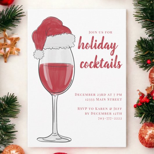 Kerstrode wijn Santa Cocktail Party Uitnodiging