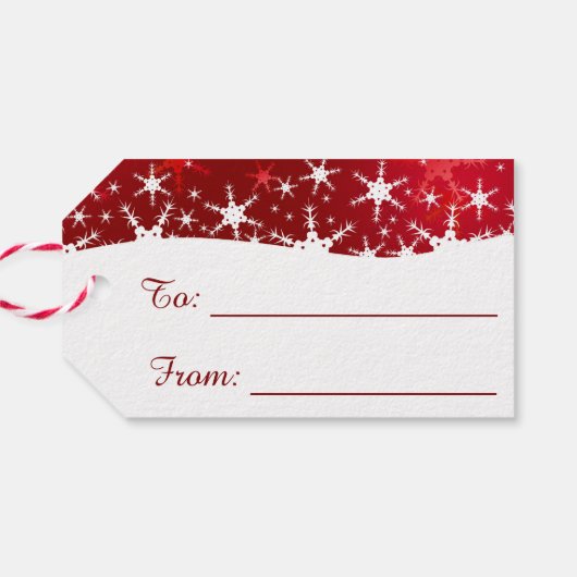 Kerstrode wintersneeuwvlokken cadeaulabel (Achterkant Horizontaal)