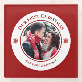 Kerstrode witte cirkel met bovenste onderste tekst glazen onderzetter