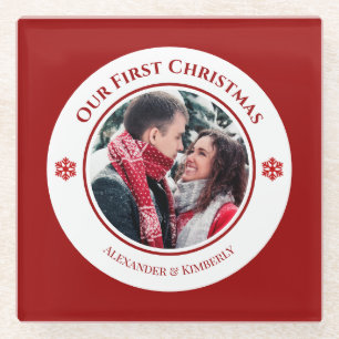 Kerstrode witte cirkel met bovenste onderste tekst glazen onderzetter