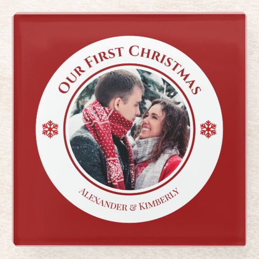 Kerstrode witte cirkel met bovenste onderste tekst glazen onderzetter (Voorkant)