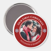 Kerstrode witte cirkel met bovenste onderste tekst magneet (Voorkant / Achterkant)