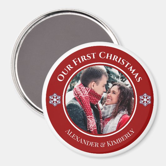 Kerstrode witte cirkel met bovenste onderste tekst magneet (Voorkant / Achterkant)