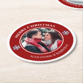 Kerstrode witte cirkel met bovenste onderste tekst ronde kartonnen onderzetter (Gebogen)