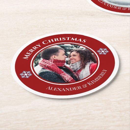 Kerstrode witte cirkel met bovenste onderste tekst ronde kartonnen onderzetter (Gebogen)