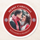 Kerstrode witte cirkel met bovenste onderste tekst ronde kartonnen onderzetter (Voorkant)