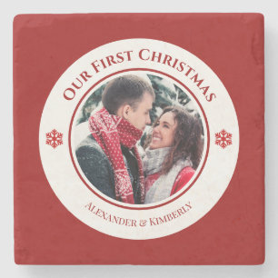 Kerstrode witte cirkel met bovenste onderste tekst stenen onderzetter