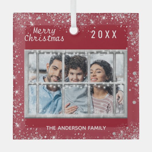 Kerstrode witte familie foto winterraam glas ornament (Voorkant)