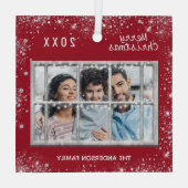 Kerstrode witte familie foto winterraam glas ornament (Achterkant)