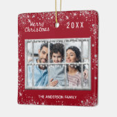 Kerstrode witte familie foto winterraam keramisch ornament (Links)