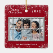 Kerstrode witte familie foto winterraam keramisch ornament (Achterkant)