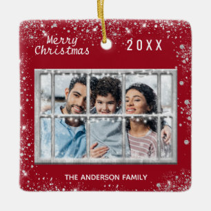 Kerstrode witte familie foto winterraam keramisch ornament