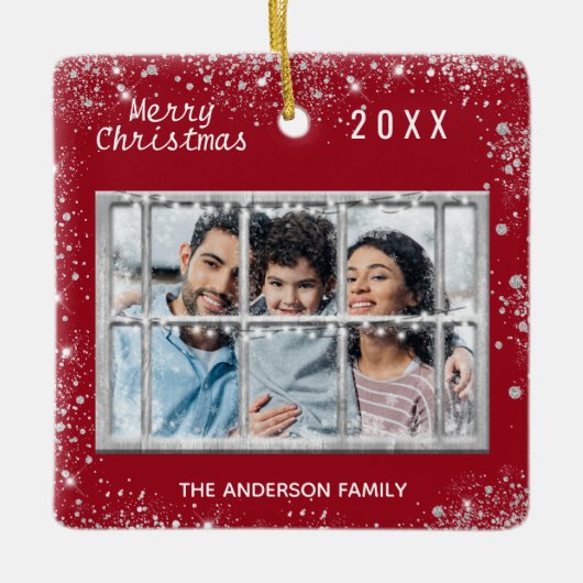 Kerstrode witte familie foto winterraam keramisch ornament (Voorkant)