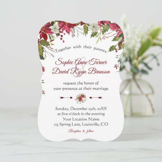 Kerstrode witte poinsettia bruiloft kaart (Staand voorkant)