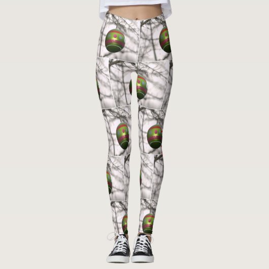 Kerstrode zilver-Ornamenten Leggings (Voorkant)