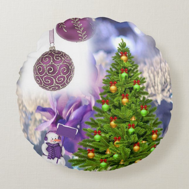 Kerstrondreis, Snowman Rond Kussen (Voorkant)