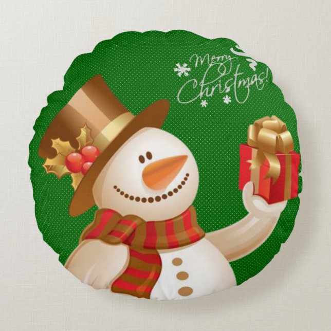 Kerstrondreis, Snowman Rond Kussen (Voorkant)