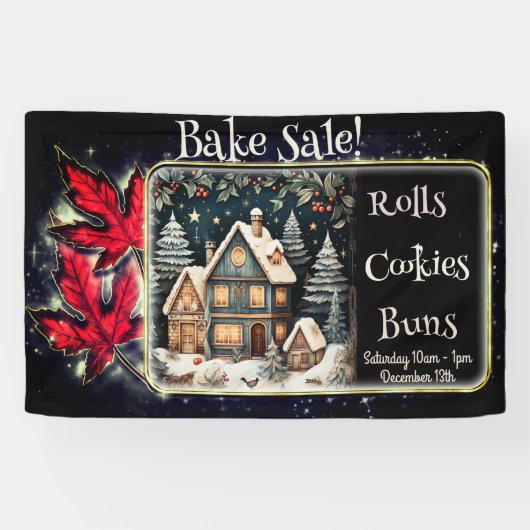 Kerstrood Bladeren Snowy Village Bake Sale Spandoek (Horizontaal)