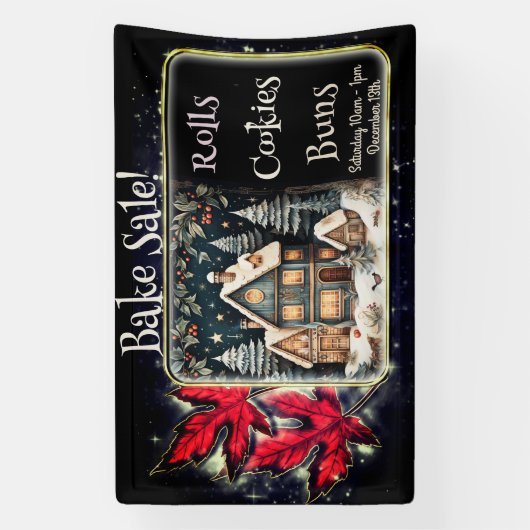 Kerstrood Bladeren Snowy Village Bake Sale Spandoek (Verticaal)