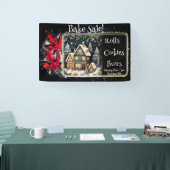 Kerstrood Bladeren Snowy Village Bake Sale Spandoek (Beurs)