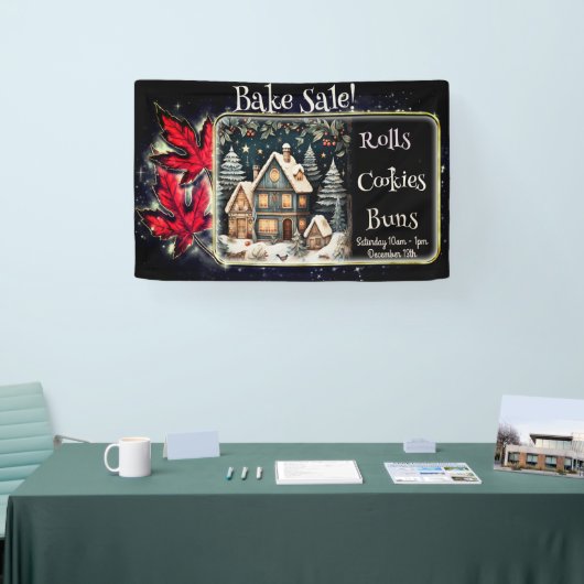 Kerstrood Bladeren Snowy Village Bake Sale Spandoek (Beurs)