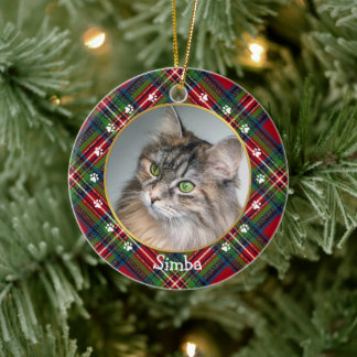 Kerstrood Blauw Groen Pset Cat Foto & Name Keramisch Ornament