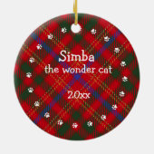 Kerstrood Blauw Groen Pset Cat Foto & Name Keramisch Ornament (Achterkant)