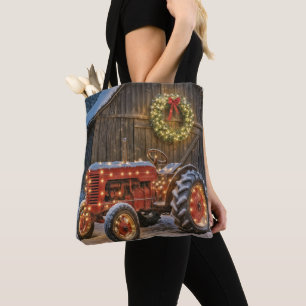 Kerstrood boerentractor met gloeiende krans tote bag