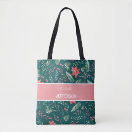 Kerstrood donkergroene bloemen monogram tote bag