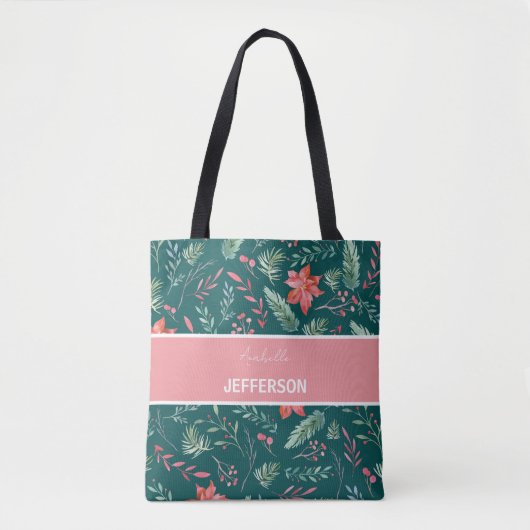 Kerstrood donkergroene bloemen monogram tote bag (Voorkant)
