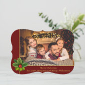 Kerstrood en gouden Lijst Holly Fancy Foto Feestdagenkaart (Staand voorkant)