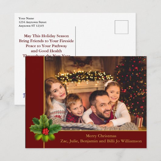 Kerstrood en gouden Lijst met Holly-foto Briefkaart (Voorkant / Achterkant)