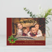 Kerstrood en gouden Lijst met Holly-foto Feestdagenkaart (Staand voorkant)