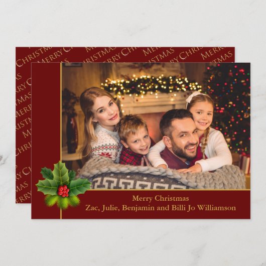 Kerstrood en gouden Lijst met Holly-foto Feestdagenkaart (Voorkant / Achterkant)