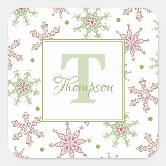 Kerstrood en groen feestdag Snowflake Monogram Vierkante Sticker (Voorkant)