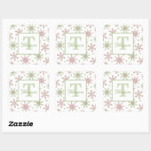 Kerstrood en groen feestdag Snowflake Monogram Vierkante Sticker (Vel)