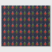 Kerstrood en groen gemiddelde robots in de ruimte cadeaupapier (Vlak)