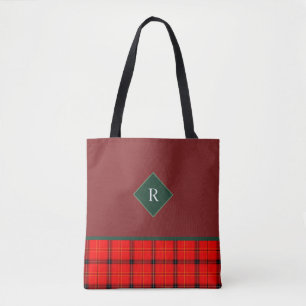 kerstrood en groen gepantserd met tartan monogramm tote bag