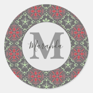 Kerstrood en groen vakantietrendpatroon ronde sticker