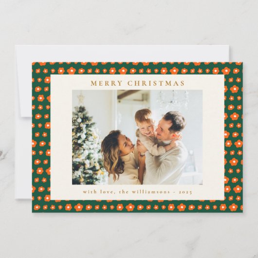 Kerstrood en groene Boho Flowers Twee foto Feestdagenkaart (Voorkant)