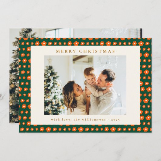 Kerstrood en groene Boho Flowers Twee foto Feestdagenkaart (Voorkant / Achterkant)