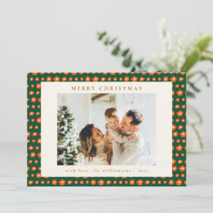 Kerstrood en groene Boho Flowers Twee foto Feestdagenkaart