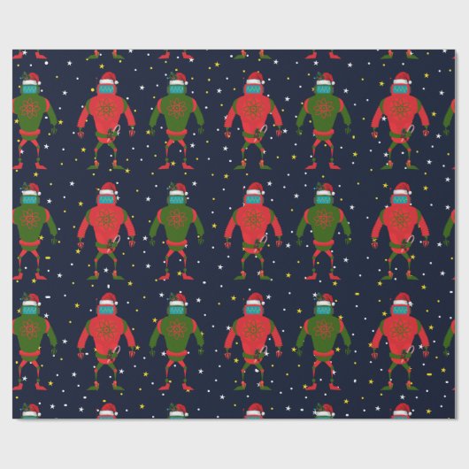 Kerstrood en groene grote robots in de ruimte cadeaupapier (Vlak)