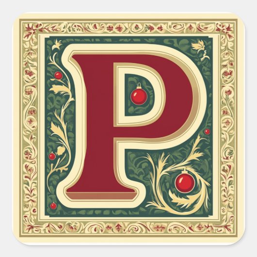 Kerstrood en groene letter P met goud Vierkante Sticker (Voorkant)