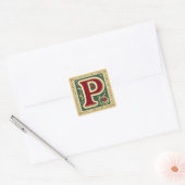 Kerstrood en groene letter P met goud Vierkante Sticker (Envelop)