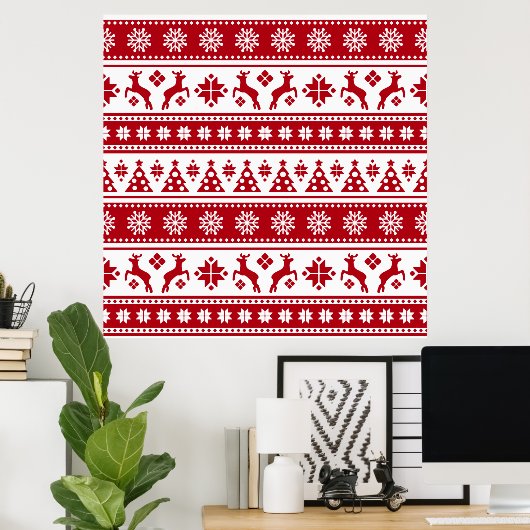 Kerstrood en wit bier en Trees Pattern Poster (Thuiskantoor)