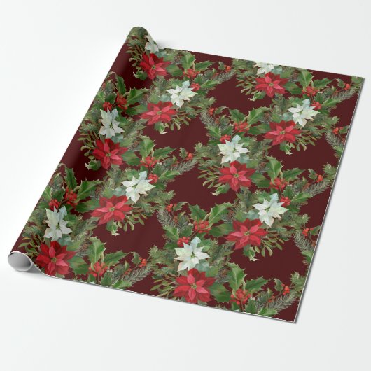 Kerstrood en wit Poinsettia, Holly Berry Cadeaupapier (Uitgerold)