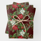 Kerstrood en wit Poinsettia, Holly Berry Inpakpapier Vel (In situ)