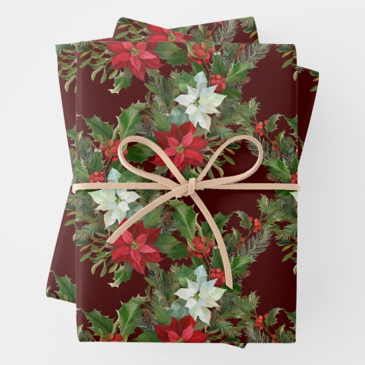 Kerstrood en wit Poinsettia, Holly Berry Inpakpapier Vel (In situ)